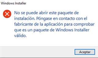 Error message in Windows Installer stating 'Cannot open this installation package. Contact the application vendor to verify that this is a valid Windows Installer package.' with an Accept button.