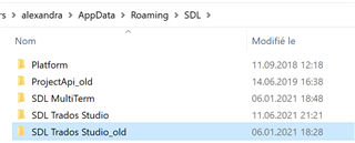 File explorer window showing Alexandra's AppData Roaming SDL folder with folders named Platform, ProjectApi_old, SDL MultiTerm, SDL Trados Studio, and SDL Trados Studio_old.