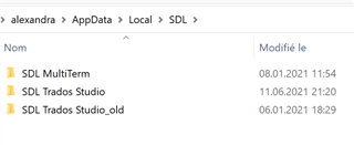 File explorer window showing Alexandra's AppData Local SDL folder with folders named SDL MultiTerm, SDL Trados Studio, and SDL Trados Studio_old.