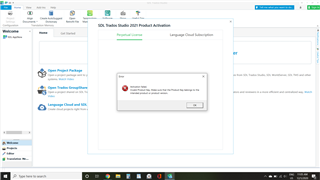 Error message in Trados Studio 2021 Product Activation window saying 'No license to return. The product may not be activated.' with an OK button.