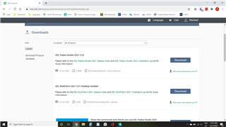 Screenshot of Trados Studio download page with options for SDL Trados Studio 2021 SR2 - New Installation and SDL Trados Studio 2021 SR2 - Update Installation.