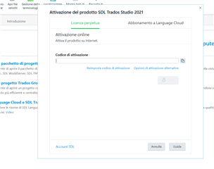 Trados Studio 2021 product activation window with fields for license code and activation code. Activation code field is empty, and there is a button for alternative activation options.