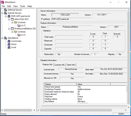 WlmAdmin window showing server information for Trados with server status, version, and detailed information including license type and expiration date.