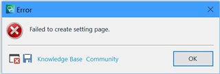Error dialog box in Trados Studio with a red 'X' icon, displaying the message 'Failed to create setting page.' and buttons for 'Knowledge Base' and 'Community'.