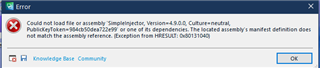 Error message window from Trados Studio stating 'Could not load file or assembly 'Sdl.ProjectApi, Version=15.0.0.0, Culture=neutral' or one of its dependencies. The located assembly's manifest definition does not match the assembly reference. Exception from HRESULT: 0x80131040'.
