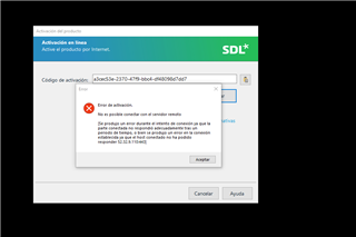 Trados Studio activation error message stating 'No se puede continuar con el asistente porque ha ocurrido un error durante el intento de activacion en linea. Error code: 50040.'