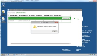 SDL License Manager window with an error message popup saying 'Object reference not set to an instance of an object.' while trying to deactivate licenses.