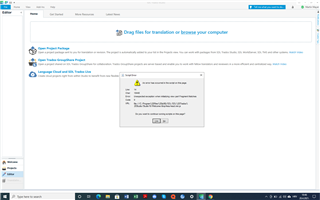Error message in Trados Studio stating 'An error occurred whilst trying to determine the file version.' with options to click OK or Help.