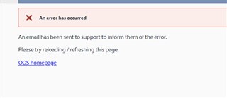 Error message displayed with a red cross symbol stating 'An error has occurred' and instructions to reload the page. A link to the OOS homepage is provided.