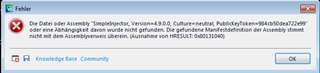 Error message stating 'The file or assembly SimpleInjector, Version=4.9.0.0, or a dependency was not found. The found assembly's manifest definition does not match the assembly reference.'
