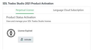 SDL Trados Studio 2021 Product Activation screen showing Perpetual License tab selected and a License Expired warning with an Activate button.