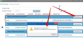 Trados Studio License Manager window showing an error message 'Provider error occurred, code: 0 Revocation is not allowed for an expired license' while trying to reactivate a Passolo add-in.