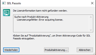 SDL Passolo error message saying 'License information cannot be found. Searching for product activation. Licensing error: Error acquiring license.' with options to repeat, activate product, or cancel.