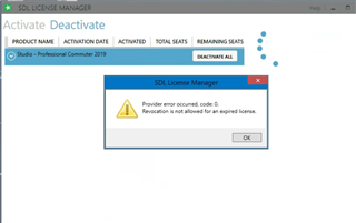 Screenshot of SDL License Manager with an error dialog box stating 'Revocation error occurred, code 2. Revocation is not allowed for an expired license.'