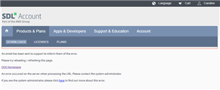 SDL Account webpage with an error message stating 'An error has occurred' and instructions to refresh the page or contact the system administrator.