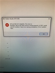 Error message during Trados Studio 2015 SR3 installation stating 'Setup did not complete. The error is: Package 'Microsoft Web Services Enhancements 2.0 SP3' could not be installed. Fatal error during installation. Error number 1603.' with an OK button.