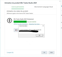 SDL Trados Studio 2021 activation window showing an error message stating 'The activation code is not valid for this machine'.