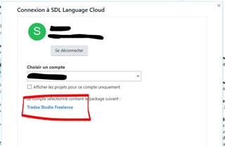 SDL Language Cloud login screen with a red box highlighting the active subscription as 'Trados Studio Freelance' instead of 'Pro'.