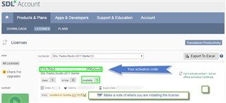 SDL Account license page showing an available Trados Studio 2017 Freelance license with the activation code highlighted.
