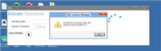 SDL License Manager window with an error message 'Please enter amount, value 0. Quantity cannot be less or 0'
