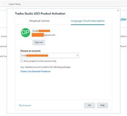 Trados Studio 2021 Product Activation window showing a user logged in with an email address and options to sign out, choose an account, and show projects for the account.