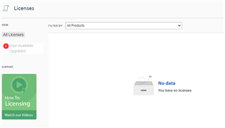 Screenshot of SDL Account Licenses page showing 'No data. You have no licenses' message with an image of a file and a magnifying glass.