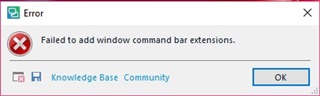 Error message window titled 'Error' with a red cross symbol, text reads 'Failed to add window command bar extensions.' with options for 'Knowledge Base' and 'Community'.