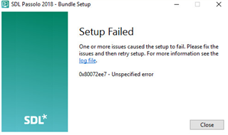 SDL Passolo 2018 - Bundle Setup window showing 'Setup Failed' message with error code '0x80072ee7 - Unspecified error' and a suggestion to see the log file.