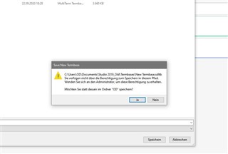 Error message popup in Trados Studio MultiTerm when trying to save a new Termbase, stating insufficient permissions to save in the selected path.