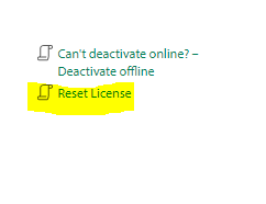 Screenshot showing the Trados Studio license management interface with an option to 'Reset License' highlighted in yellow.