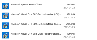 List of installed Microsoft Visual C++ Redistributable versions with their sizes and installation dates.