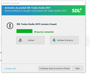 SDL Trados Studio 2019 product activation window showing trial version with 30 days remaining, options to activate or purchase a license, and SDL account sign-in prompt.