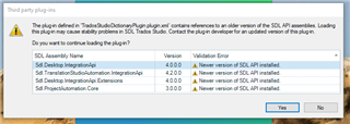 Warning about third party plug-ins in Trados Studio indicating 'The plug-in caused 'Stability problems'. It lists SDL Assembly Integration, SDL TranslationStudioAutomation Integrations, and SDL ProjectAutomation Core with version conflicts.