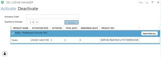 SDL License Manager window with ActivateDeactivate tab open, showing one product named 'Studio - Professional' with Activation Code, Total Seats, Activated, Remaining Seats, and Product Key information.