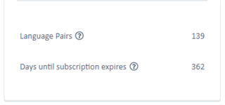 Screenshot showing Trados Studio SDL Machine Translation Cloud plugin with 139 language pairs and 362 days until subscription expires.