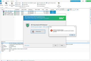 Screenshot of Trados Studio 2019 with an error message window stating 'Deactivation failed. Revocation is either complete or revocation proof is already uploaded'.