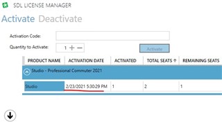 SDL License Manager showing activation details for Studio - Professional Commuter 2021 with 1 seat activated, 2 total seats, and 1 remaining seat.
