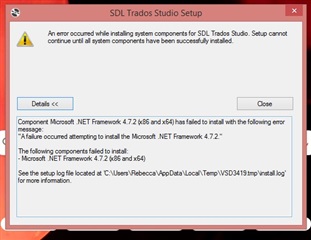 Error message during Trados Studio 2019 installation stating 'An error occurred while installing system components for SDL Trados Studio. Setup cannot continue until all system components have been successfully installed.'