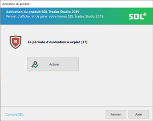 Screenshot of Trados Studio activation window with an error message stating 'The evaluation period has expired 37' and an 'Activate' button.