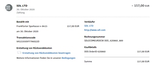 Paypal transaction details showing a charge of 157.00 EUR to Frankfurt Sparkasse on 30th October 2020 for SDL LTD, with a reference to Studio 2021+ upgrade.