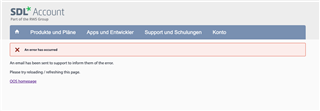 SDL Account webpage with a red error message box stating 'An error has occurred. Please try reloading or refreshing the page.'