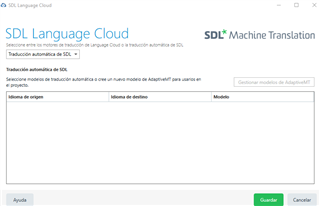 Screenshot of SDL Language Cloud window in Trados Studio with empty language selection fields for 'Idioma de origen' and 'Idioma de destino', indicating a possible connection issue.
