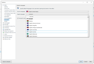 Screenshot of Trados Options menu showing Language Pairs with Source Language set to English (United States) and Target Languages list including English, Spanish, Italian, Portuguese (Brazil), and English (Bislama).
