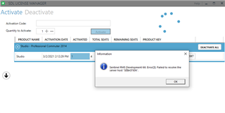 SDL License Manager information popup: Sentinel RMS Development Kit: Error3: Failed to resolve the server host 'SEBASTIEN'.