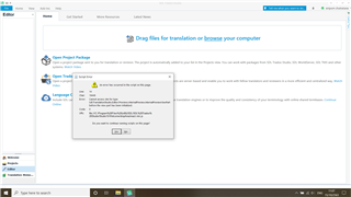 Trados Studio error message popup saying 'The project could not be opened because the project file (.sdlproj) is corrupt.' with an OK button.