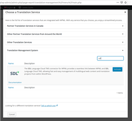 WPML Translation Management settings page showing SDL Language Cloud TMS with an 'Activate' button and a link for 'SDL Language Cloud - First steps'.