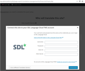 Popup window titled 'Connect this site to your SDL Language Cloud TMS account' with empty fields for Username, Password, and Client ID, and an 'Authenticate' button.