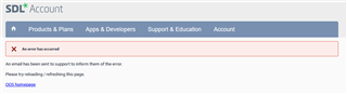 Error message on SDL Account page stating 'An error has occurred' with a suggestion to refresh the page.