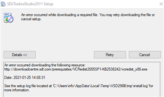 Error message during SDL Trados Studio 2011 setup indicating a problem downloading a required file with options to Retry or Cancel.
