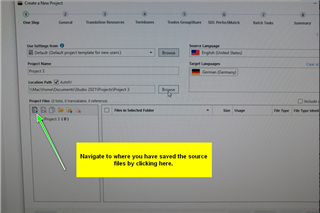 Trados Studio 'Create a New Project' window with a cursor pointing to the 'Project Files' location field.